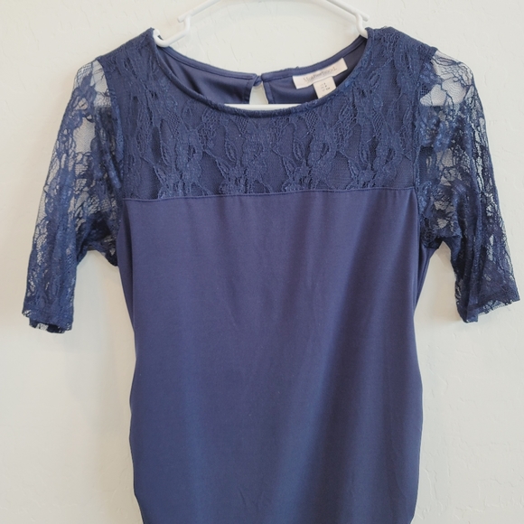 💕Motherhood Maternity Navy Blue Dress with Lace Sleeves Women's Size Small Mat. - Picture 11 of 14